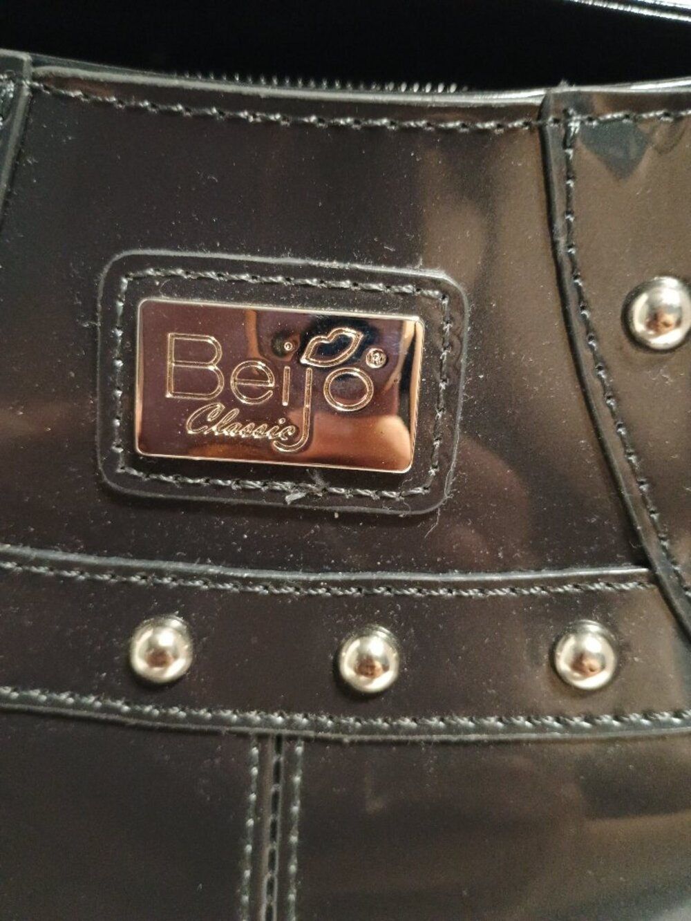Beijo Classic Black Patent Leather Look Studded Shoulder Bag Y2K Buckle Accent - Picture 6 of 12
